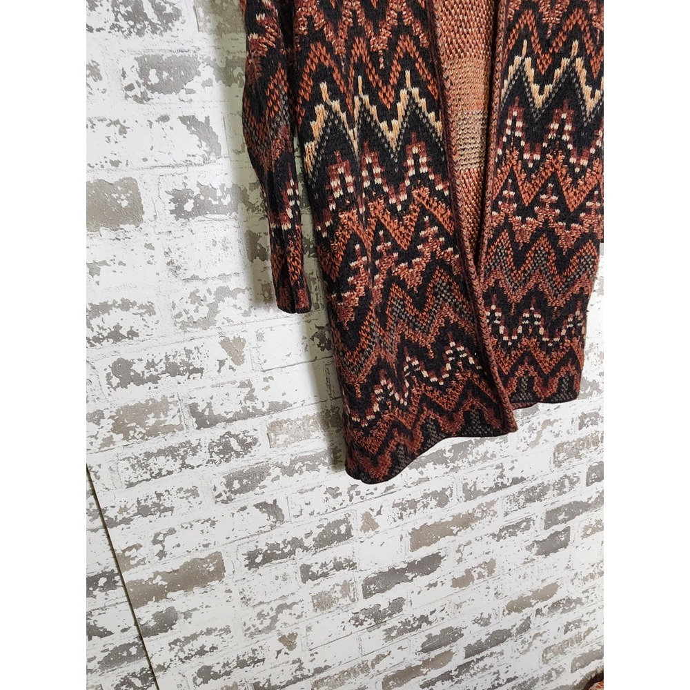 Lucky Brand Sweater Size XS Orange Black Wool Blend Aztec Long Cardigan Oversize - Picture 3 of 14